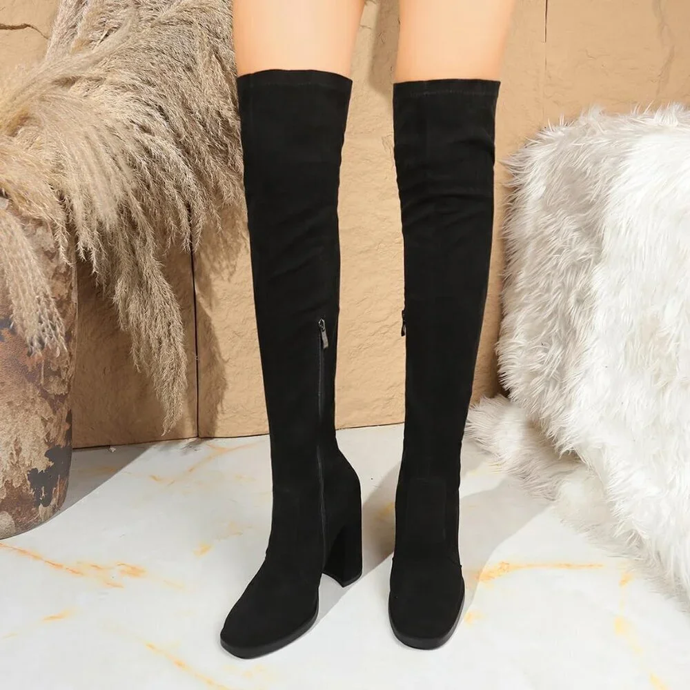 Women's Black 2 Thigh High Over The Knee Leather Heels Long Sexy Round Toe Boots